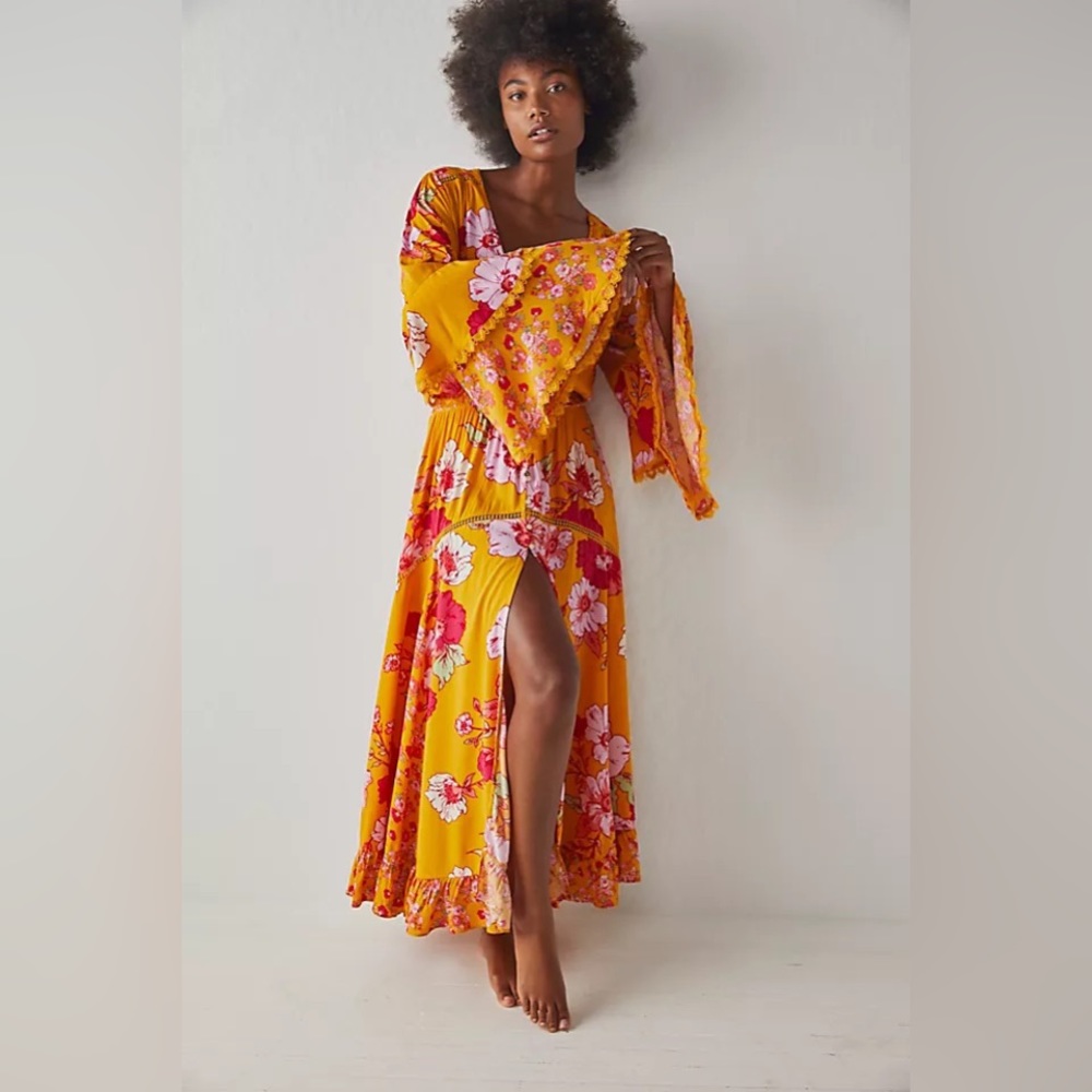 Free People Penny Yellow Floral Maxi Dress with Pink & Red Blossoms